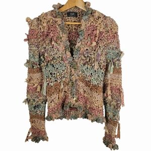 Vntg 1983 Estelle Gracer Ribbon Cardigan Sweater. Glass Bauble Buttons. OS. #186